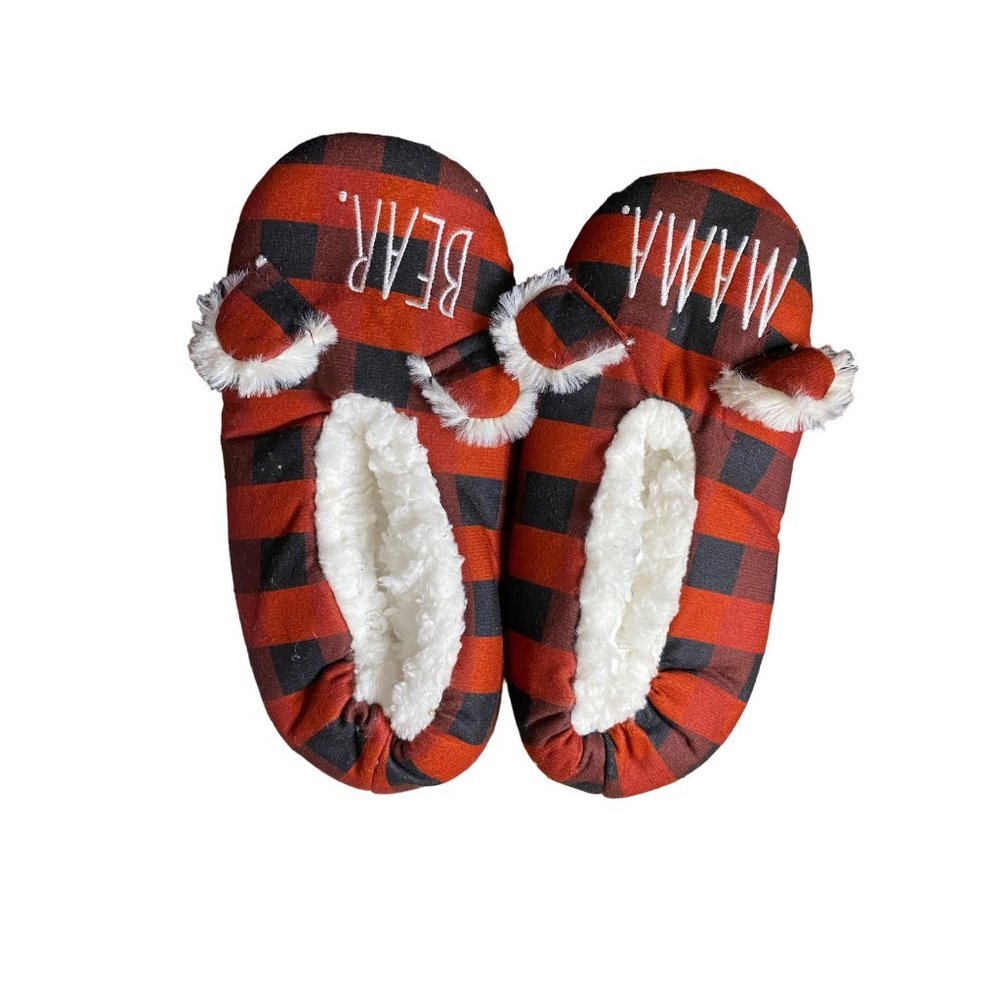 Rae Dunn Women's Cozy Christmas Mama Bear Slippers Black/Red plaid Size S/M(5-7)